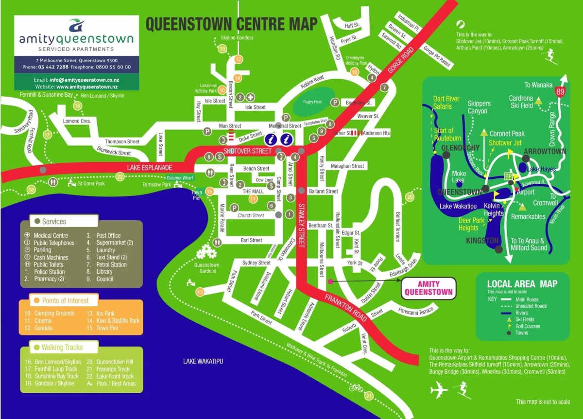 Queenstown centre map showing Amity Queenstown at 7 Melbourne Street, a 5-minute walk from the town centre